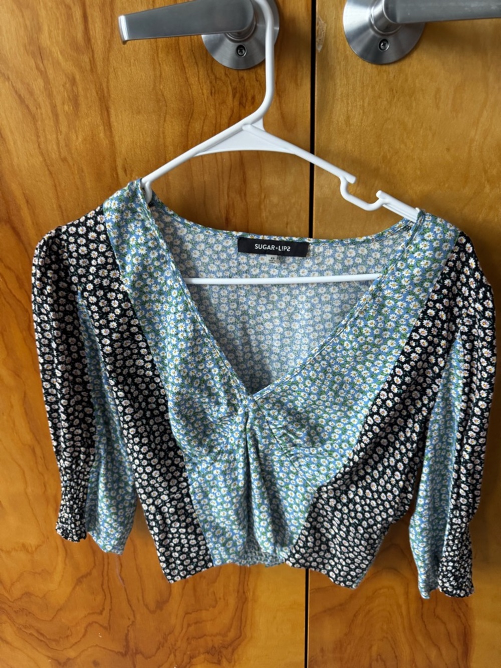 Sugarlips Blue and Black Floral Twist-Front Blouse